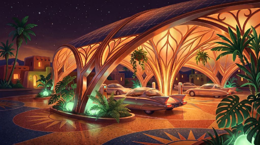 An EV charging station glowing at night